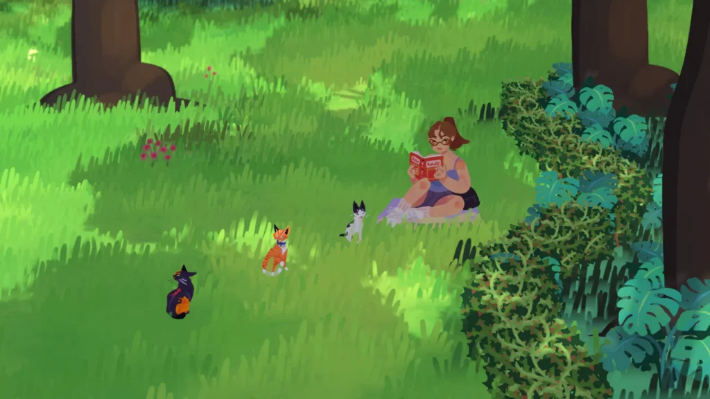 Ilustração do jogo Whiskers’ Wish mostrando gatinhos estilizados em uma clareira ensolarada do Parque Municipal de Belo Horizonte. Uma personagem humana lê um livro enquanto interage com os gatos e galinhas em um cenário verde vibrante.